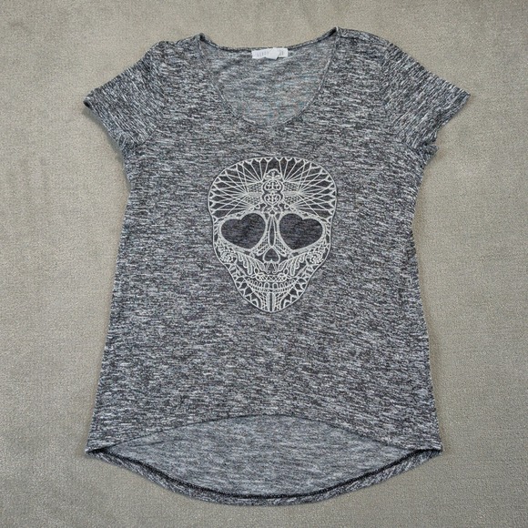 Aeropostale T-Shirt Womens XS Grey Lace Skull Graphic Marled Knit High Low Hem — photo 2